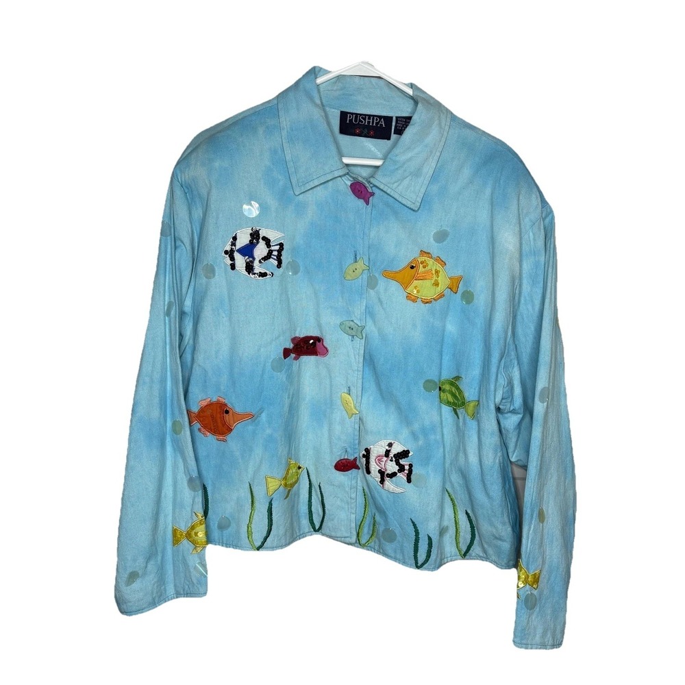 NWT Pushpa Jacket Womens L Blue Embroidered Fish Sequin Button Nautical Ocean